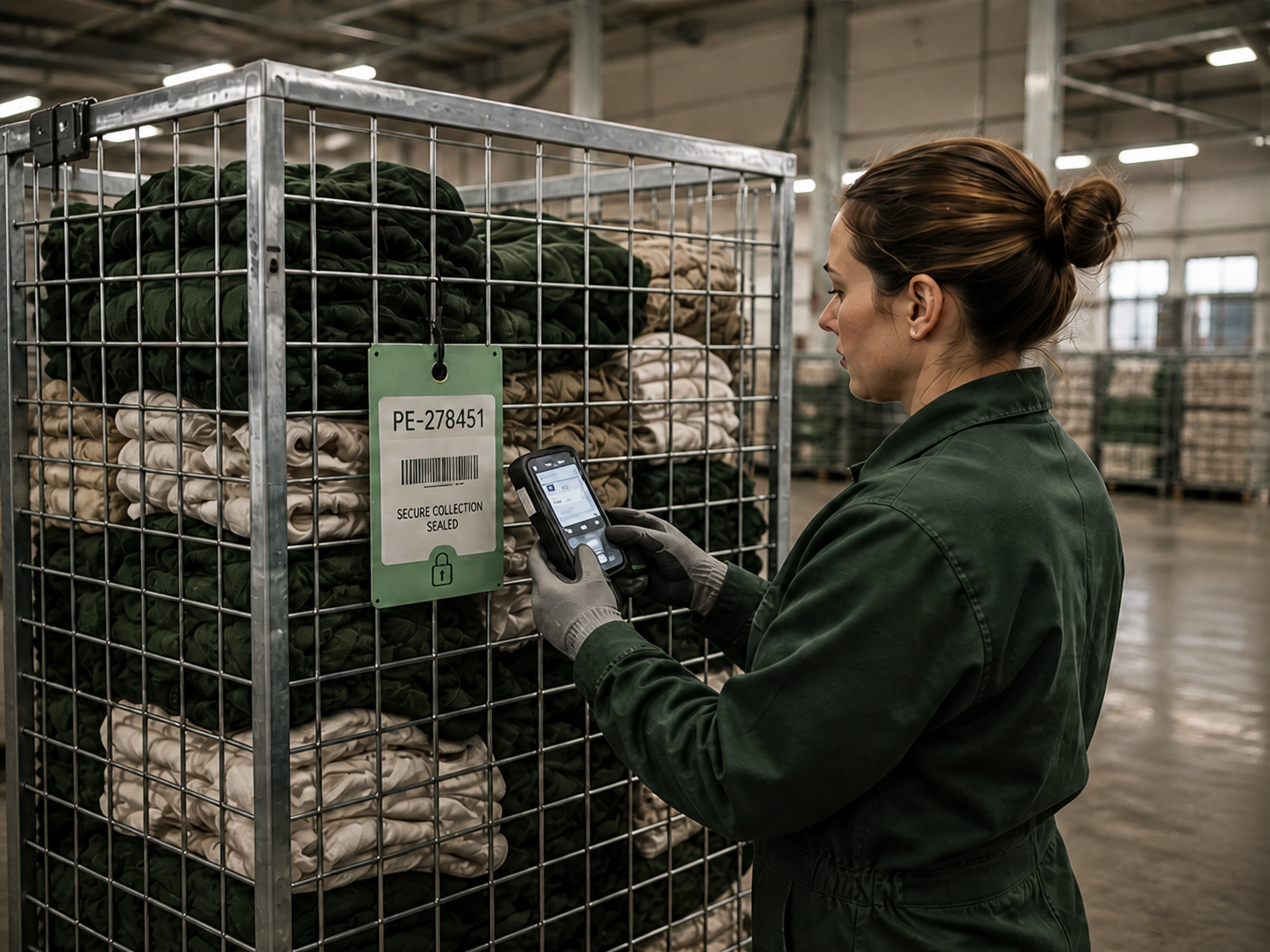 Operative scanning a sealed collection tag on a caged trolley of sorted uniforms