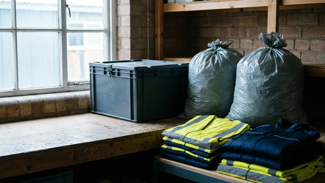 Folded plain hi-vis vests and workwear jackets beside a lidded crate and sealed sacks in a tidy back room
