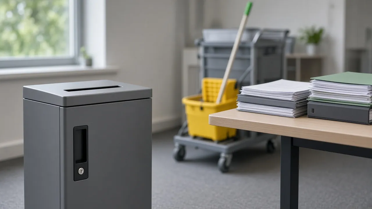Locked confidential waste console beside a desk of paper files in an office, with a cleaning trolley in the background
