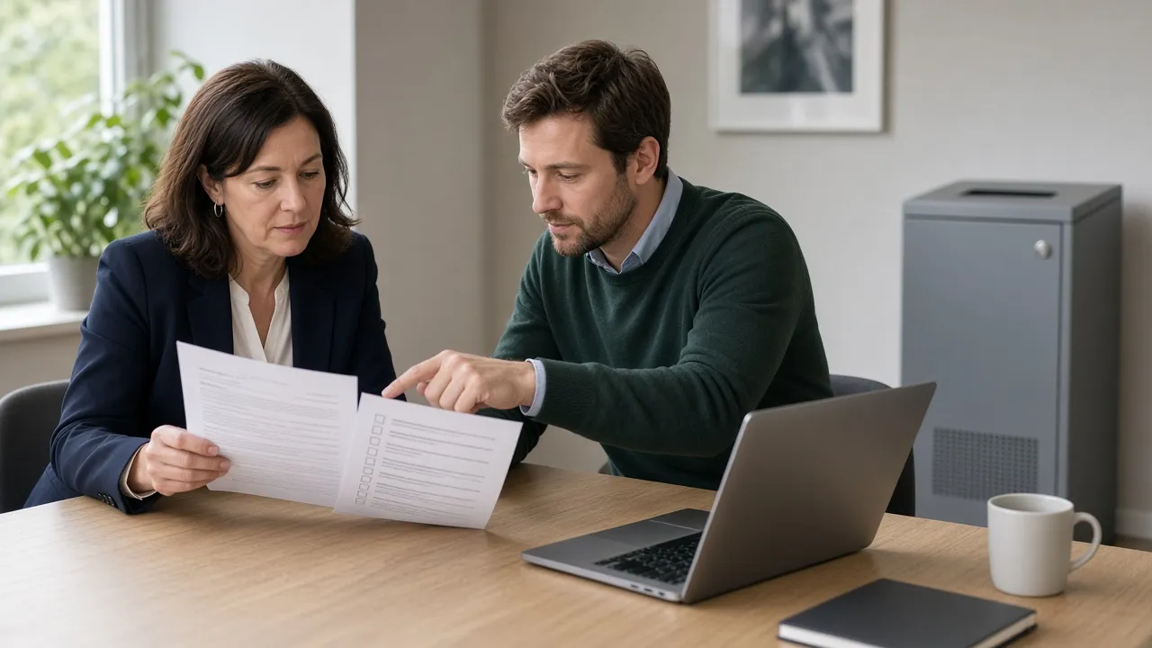 Two colleagues reviewing a printed supplier contract and checklist at an office table, with a grey lockable confidential waste console behind them