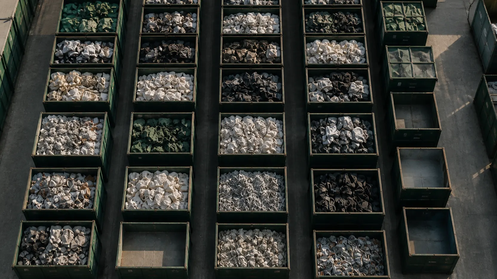 Aerial view of green steel containers filled with sorted textiles at a recycling facility
