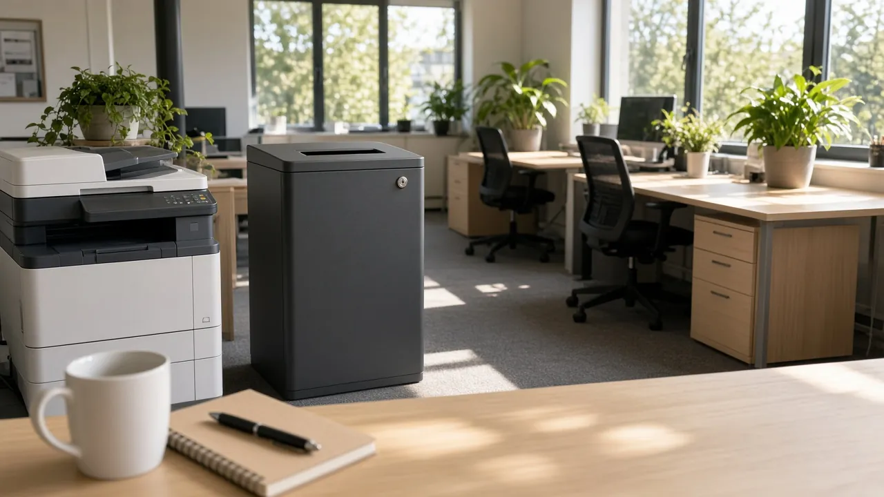 Lockable console with a paper slot in a bright open plan office