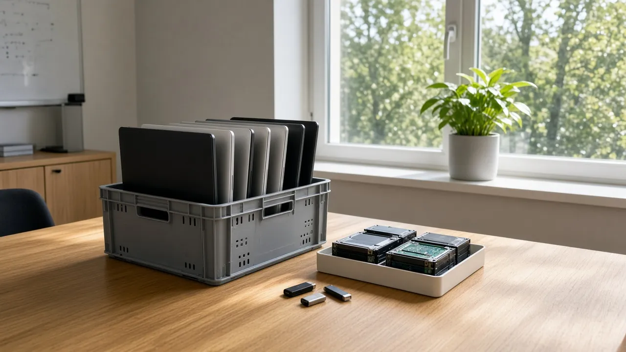 Retired laptops in a crate beside hard drives and USB sticks
