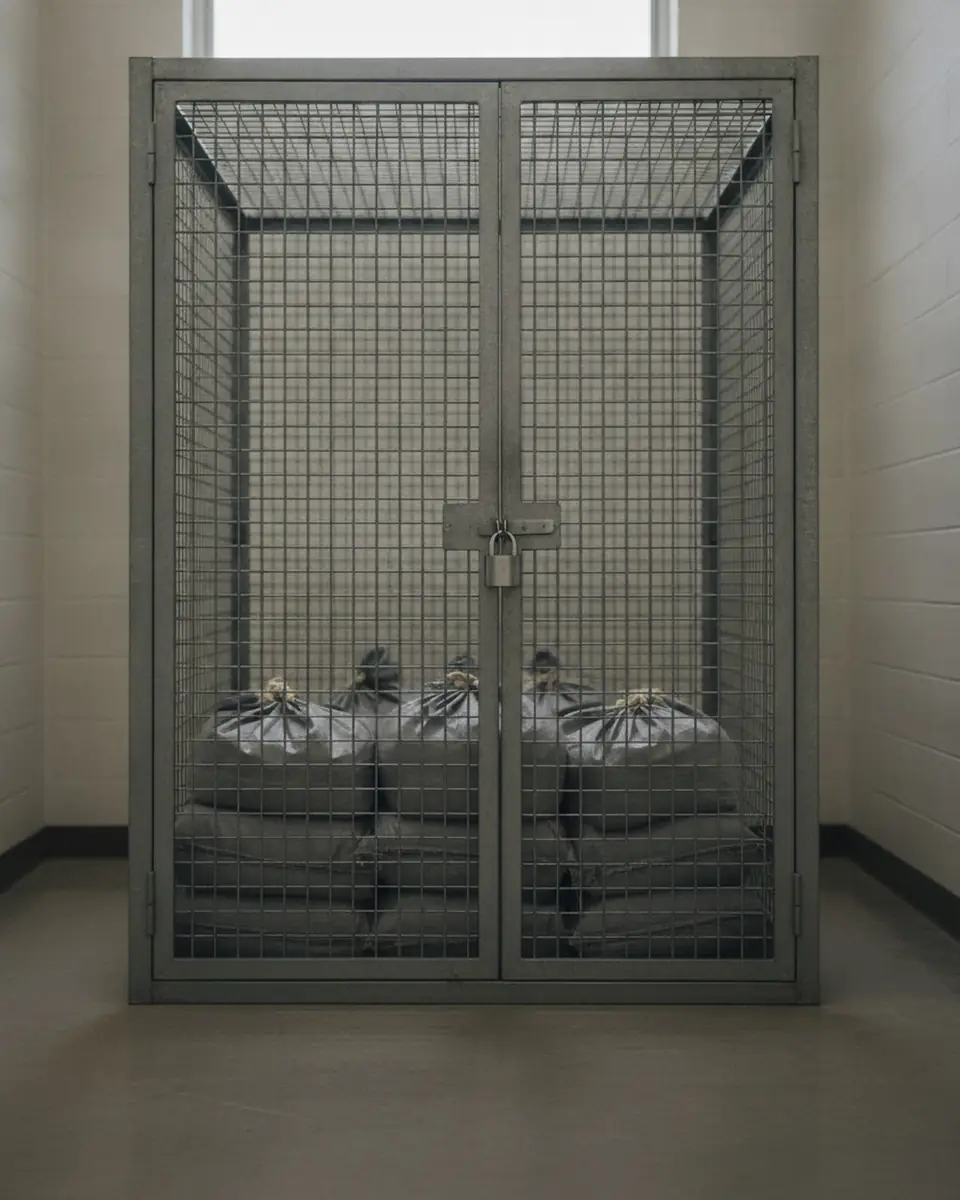 Padlocked mesh cage holding sealed sacks