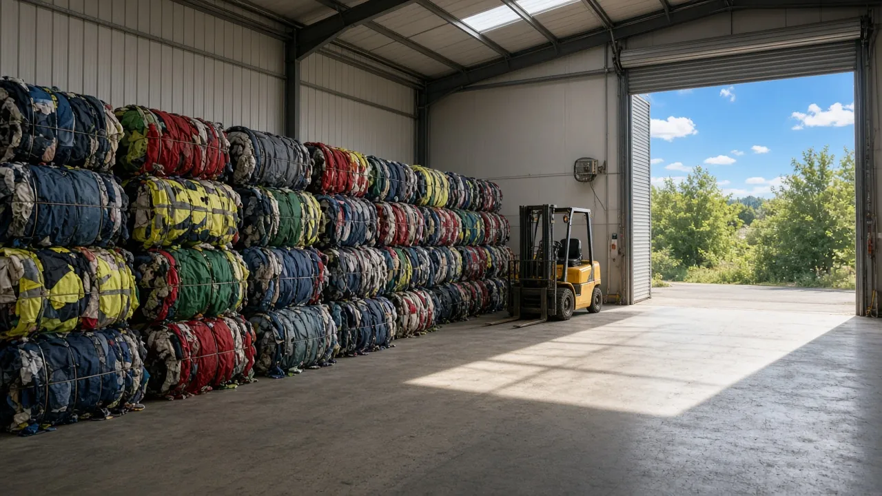 Bales of sorted clothing stacked in a warehouse beside a forklift